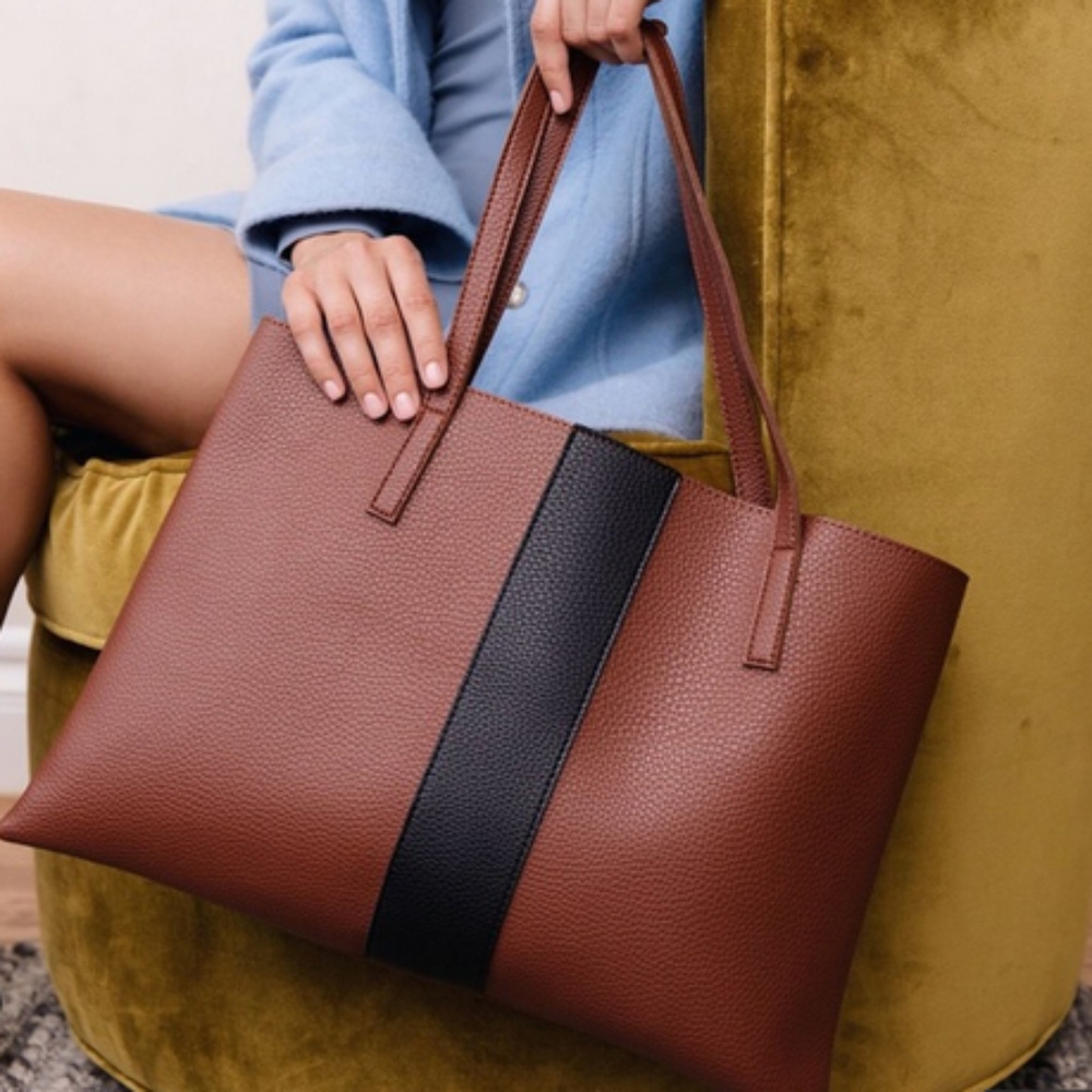 Vince Camuto Vegan Leather Luck Stripe Brown Tote